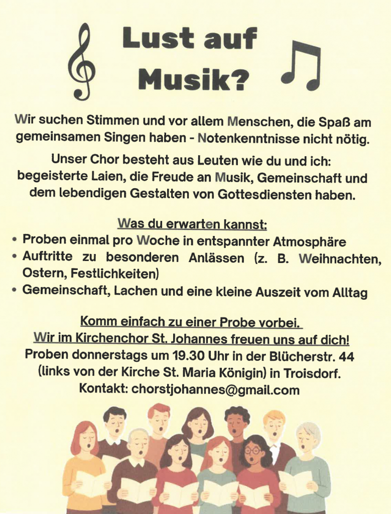 Plakat des Kirchenchors St. Johannes - Wir suchen neue Stimmen!
